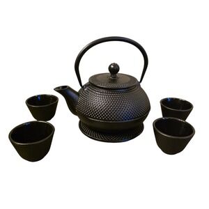Kitchtic Cast‎ Iron Japanese Tea Set Black Hobnail Teapot 4 Cups Trivet Infuser